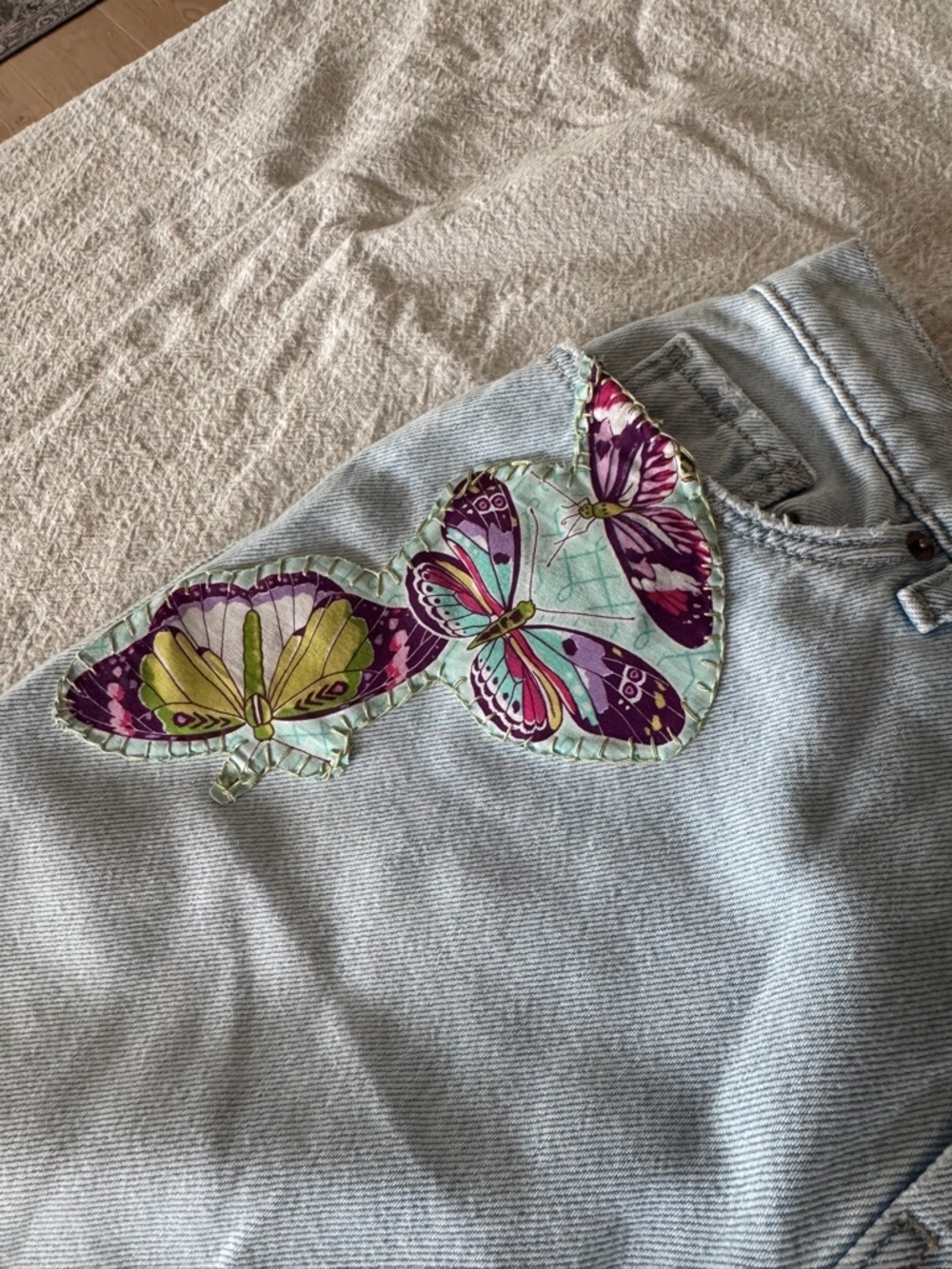Reworked denim skirt with patchwork Butterflies - Picture 8 of 14